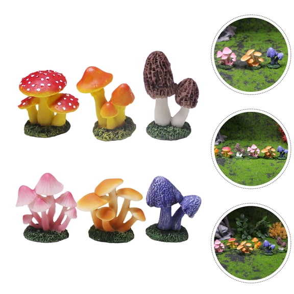 OATIPHO 6pcs Mini Mushroom Figurines Funny Miniature Craft Assorted Color Resin Decorations For Garden Bonsai Display