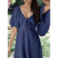 thumbnail image 5 of Women Summer Deep V Neck Elegant Bow Tie Mini Dress Navy Blue M, 5 of 8