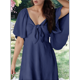 thumbnail image 5 of Vestido Mini Elegante con Escote en V Profundo y Lazo en Azul Marino L, 5 of 8