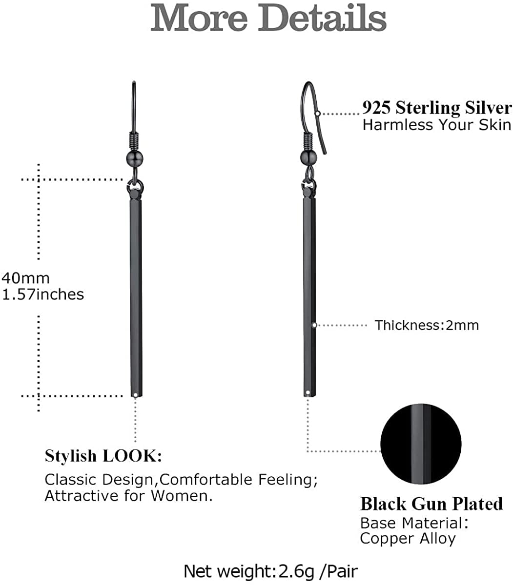 FOCALOOK Black Dangle Earrings for Women Hypoallergenic Minimal Long Thin Drop Dangling Vertical Bar Earrings