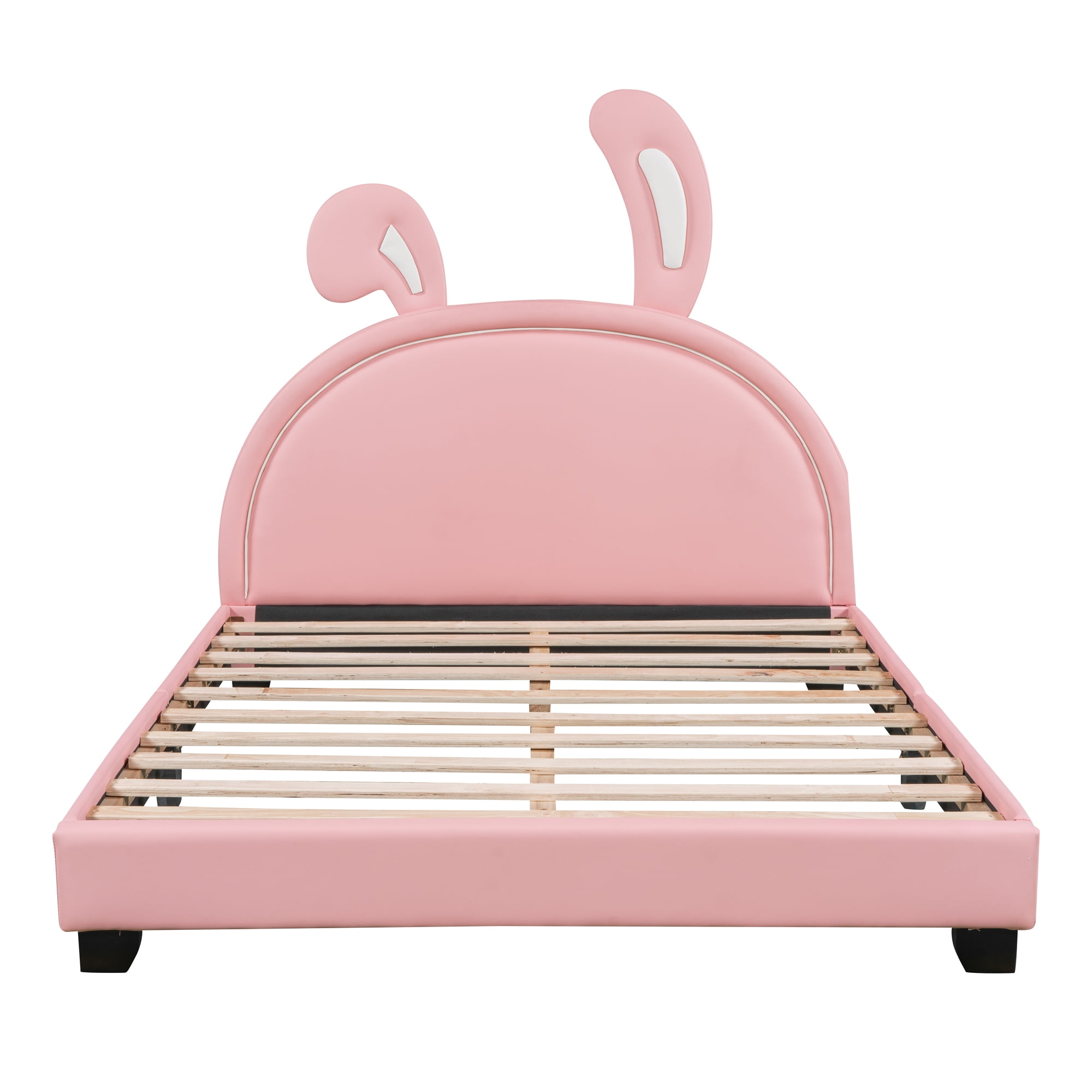 Aukfa Upholstered Platform Bed with Bunny Ears Headboard for Kids, Faux Leather Full Bed Frame - Pink