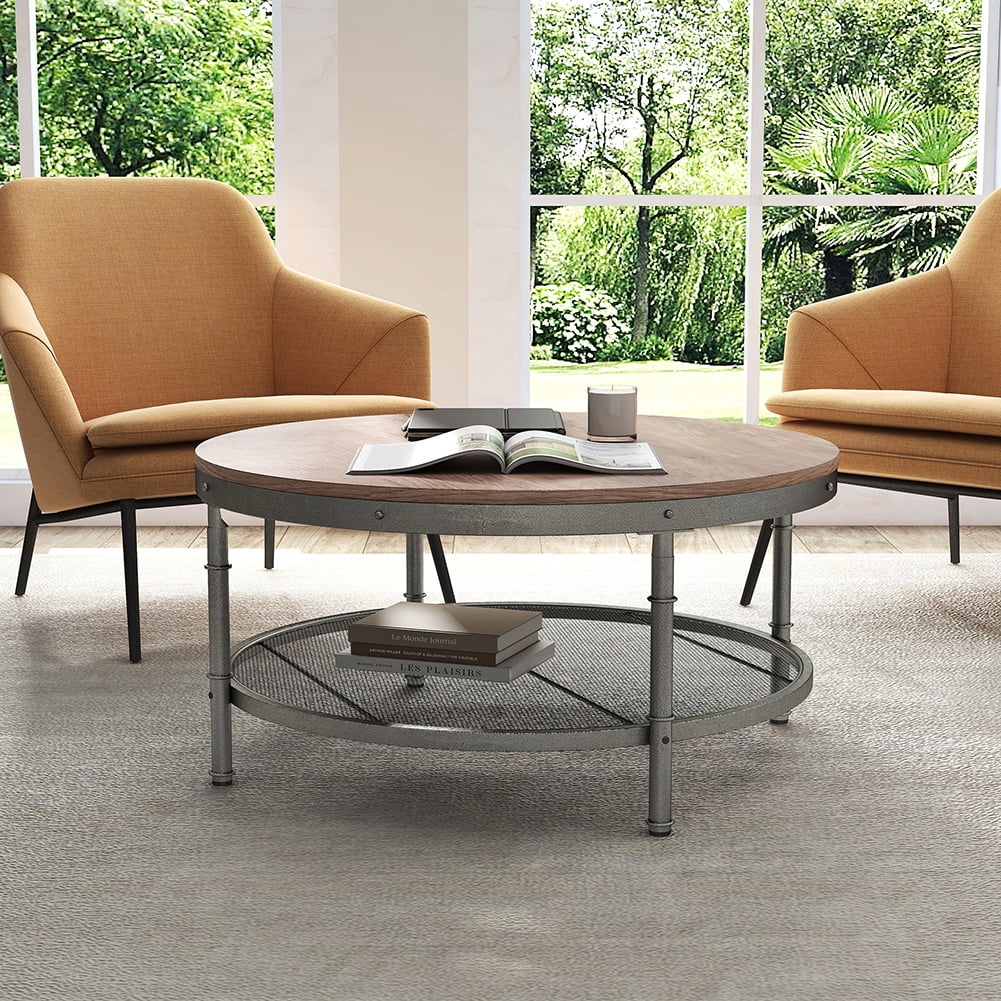 Kadyn 2-Tier Single Panel Round Coffee Table, Modern Industrial Round Coffee Table for Home Office, Retro Sofa Side Table with 3D Texture Metal Frame and Mesh, Dark Brown Kadyn 2-Tier Single Panel Round Coffee Table, Modern Industrial Round Coffee Table for Home Office, Retro Sofa Side Table with 3D Texture Metal Frame and Mesh, Dark Brown