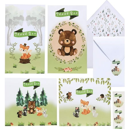 36 Woodland Thank You Cards Baby Shower - Cute Forest Animals Thank You Notes with Envelopes and Stickers | Mountain Creature Notecard Set Perfect for Kids Birthday or Baby Showers