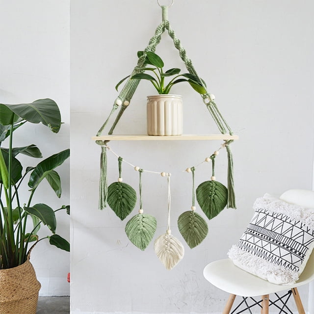 Macrame Woven Floating Plant Shelf with Wood Frame and Rope Hanger, Boho Wall-Mounted Planter Display Rack for Indoor Flower Pots, Decorative Hanging Shelf for Living Room Bedroom Bathroom