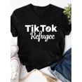 thumbnail image 3 of T-Shirt Graphique "TikTok Refuge" pour Femmes - Tee-Shirt en Polyester Noir Décontracté avec Lettrage Blanc Audacieux, Col Rond, Manches Courtes, Lavable en Machine Fête des Pères, Fête des Mères, Nouvel An, Festival de Printemps, Vale, 3 of 8