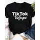 thumbnail image 3 of Camiseta gráfica "TikTok Refuge" para mujer: camiseta informal de algodón negro con letras blancas llamativas, cuello redondo, manga corta, lavable a máquina, ideal para el tiempo libre., 3 of 8