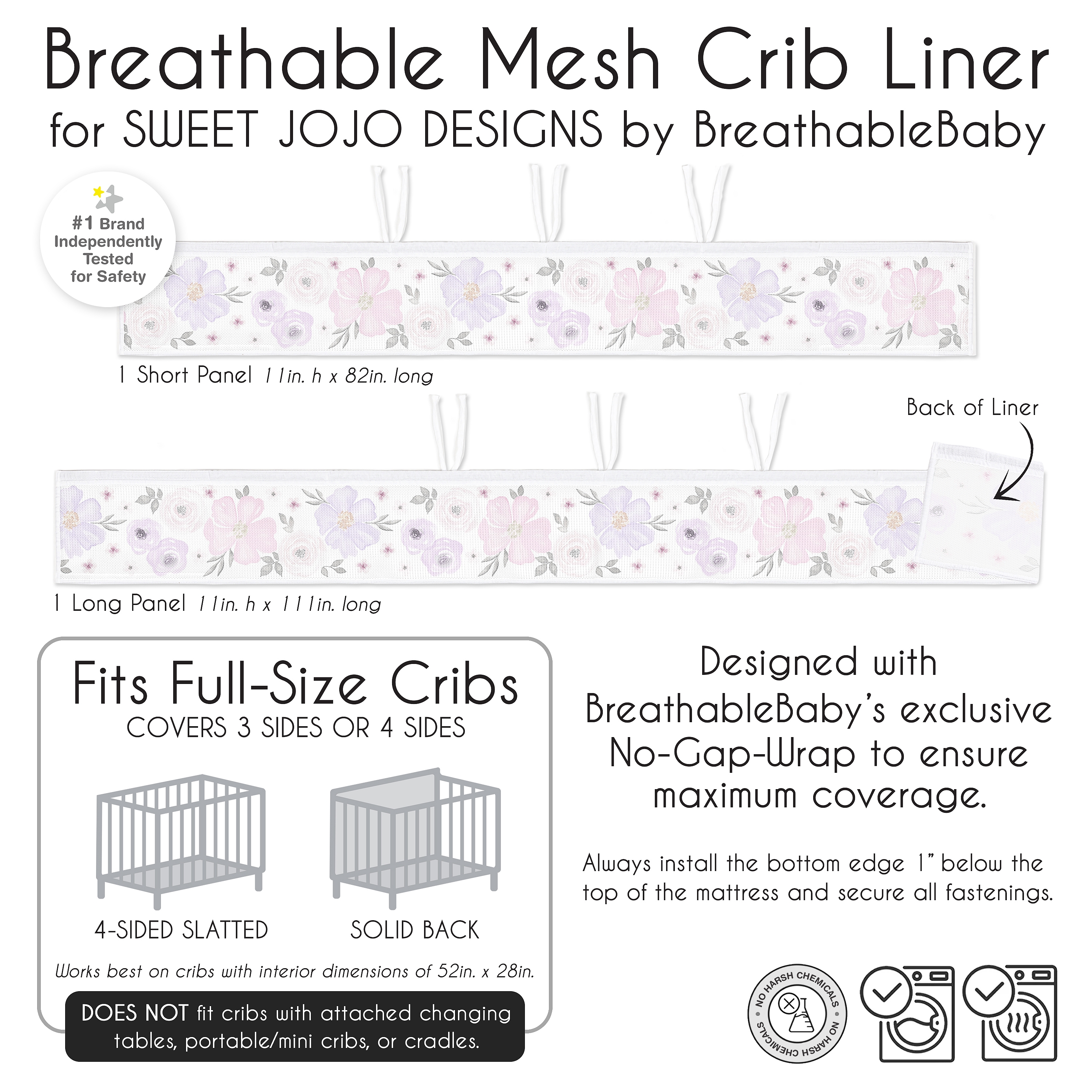 Sweet Jojo Designs + BreathableBaby Watercolor Floral Purple Pink and Grey Breathable Mesh Crib Liner Pad