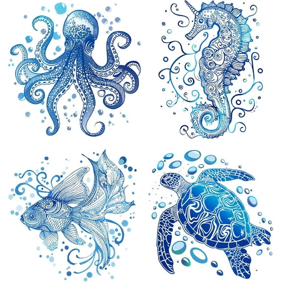 4Pcs 6.3 Inch Ocean Animal Window Decals Marine Creature Sea Life Turtle Seahorse Fish Octopus Non Adhesive Static Glass Window Sticker Clings