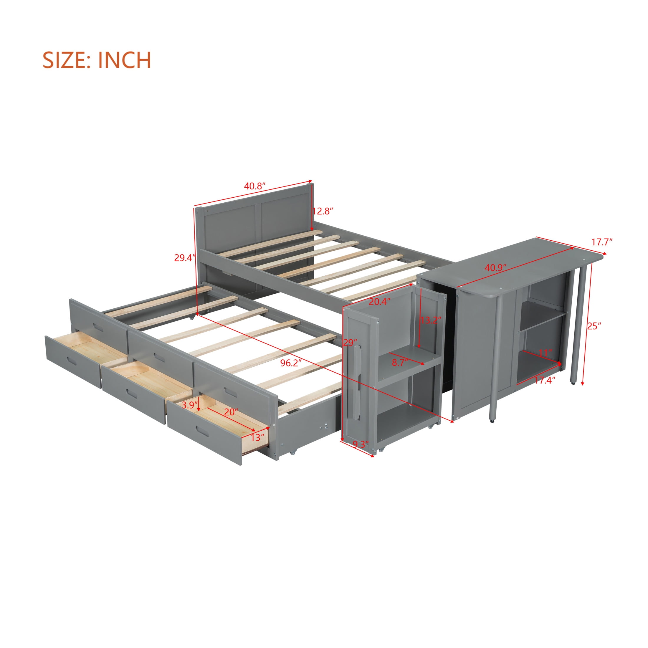 Noble House Twin Size Multifunctional Platform Bed with Trundle, 3 Drawers, Desk and Storage Shelf, Gray