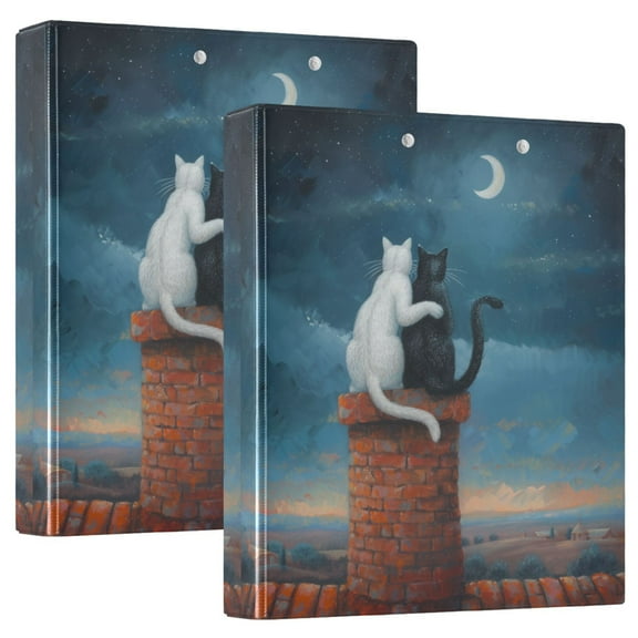 Cats on House with Moon Hardcover 3 Ring Binder 1.5” Round Rings Letter Size Paper Pockets for School Office Supplies