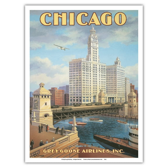 Chicago Illinois - DuSable Bridge (Michigan Avenue Bridge) - Grey Goose Airlines - Vintage Airline Travel Poster by Kerne Erickson - Master Art Print (Unframed) 9in x 12in