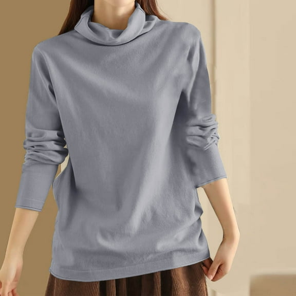 BSDJILFG Fall Tops for Women Dressy Cowl Neck Shirt Long Sleeve Knitted Cotton Turtle Neck Pullovers