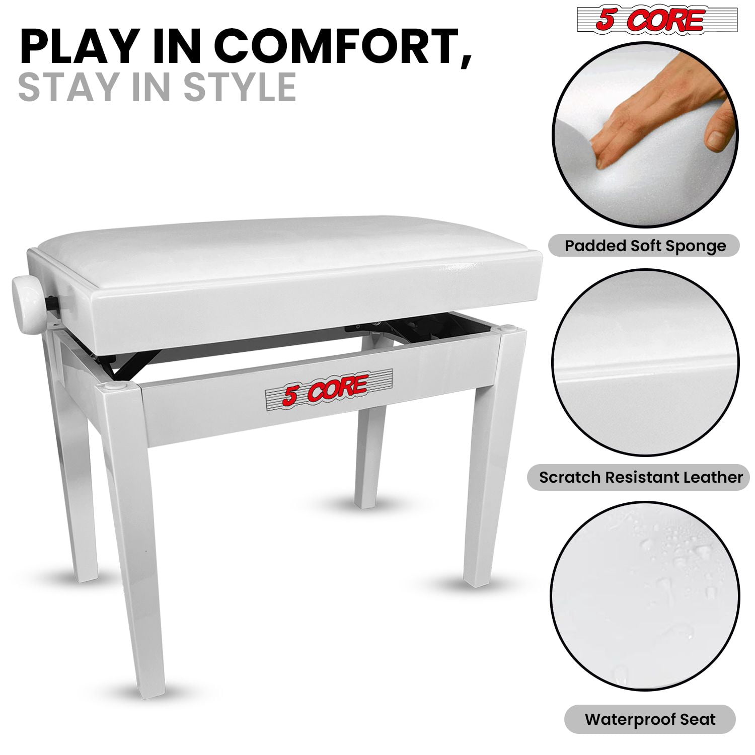 Adjustable Piano Bench Thick 3.25" Solid Wood Keyboard Stool Heavy Duty Musician Chair