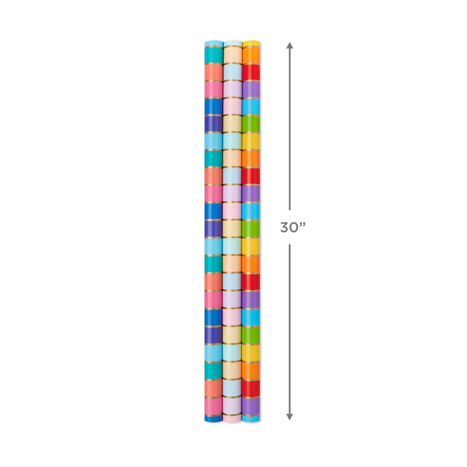 Hallmark All Occasion Reversible Wrapping Paper Bundle - Rainbow Stripes and Solid (3-Pack: 75 sq. ft. ttl.)