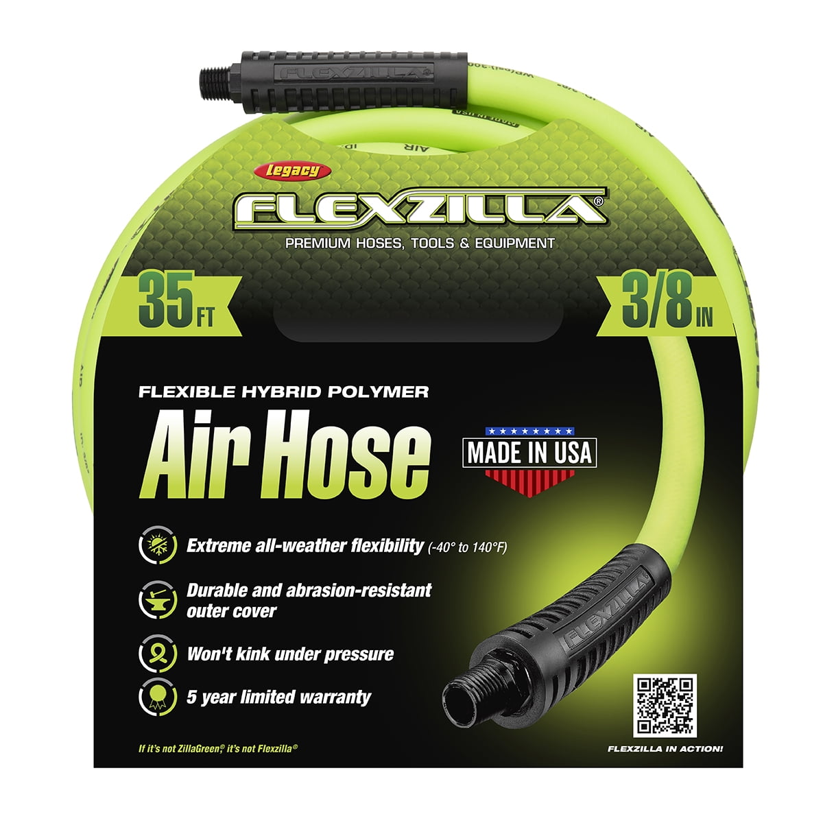 Flexzilla® Air Hose, 3/8" x 35', 1/4" MNPT Fittings, ZillaGreen®