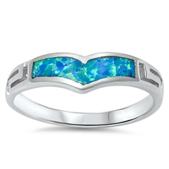 Blue Simulated Opal Greek Key Chevron Ring Sterling Silver Band CZ 925 Jewelry Female Size 9