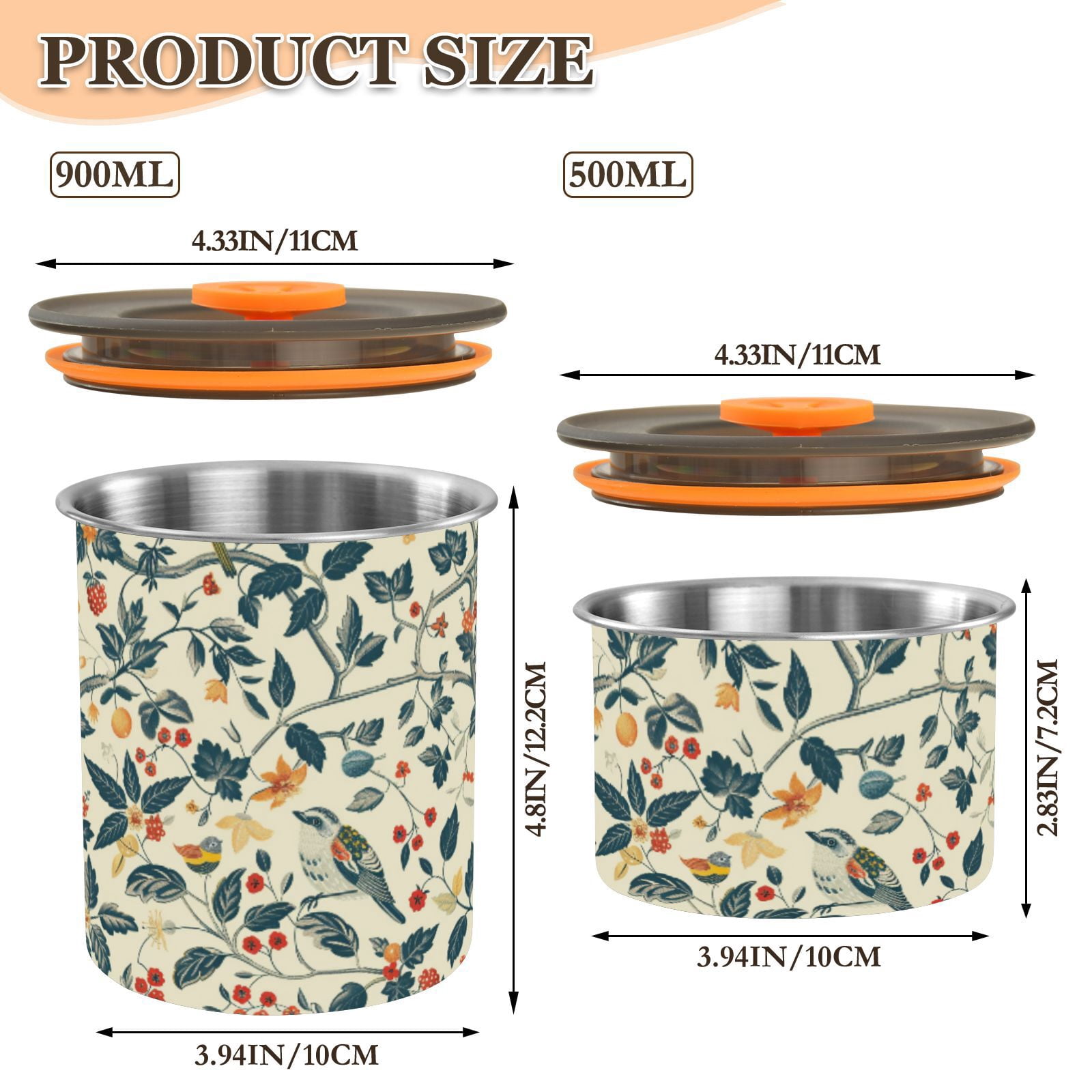 Vintage Birds Leaves Airtight Coffee Bean Canister 30oz Food Storage Containers with Lids For Gournd, Tea, Sugar, Flour, Rice, Cereal, Candy Cookie Jar