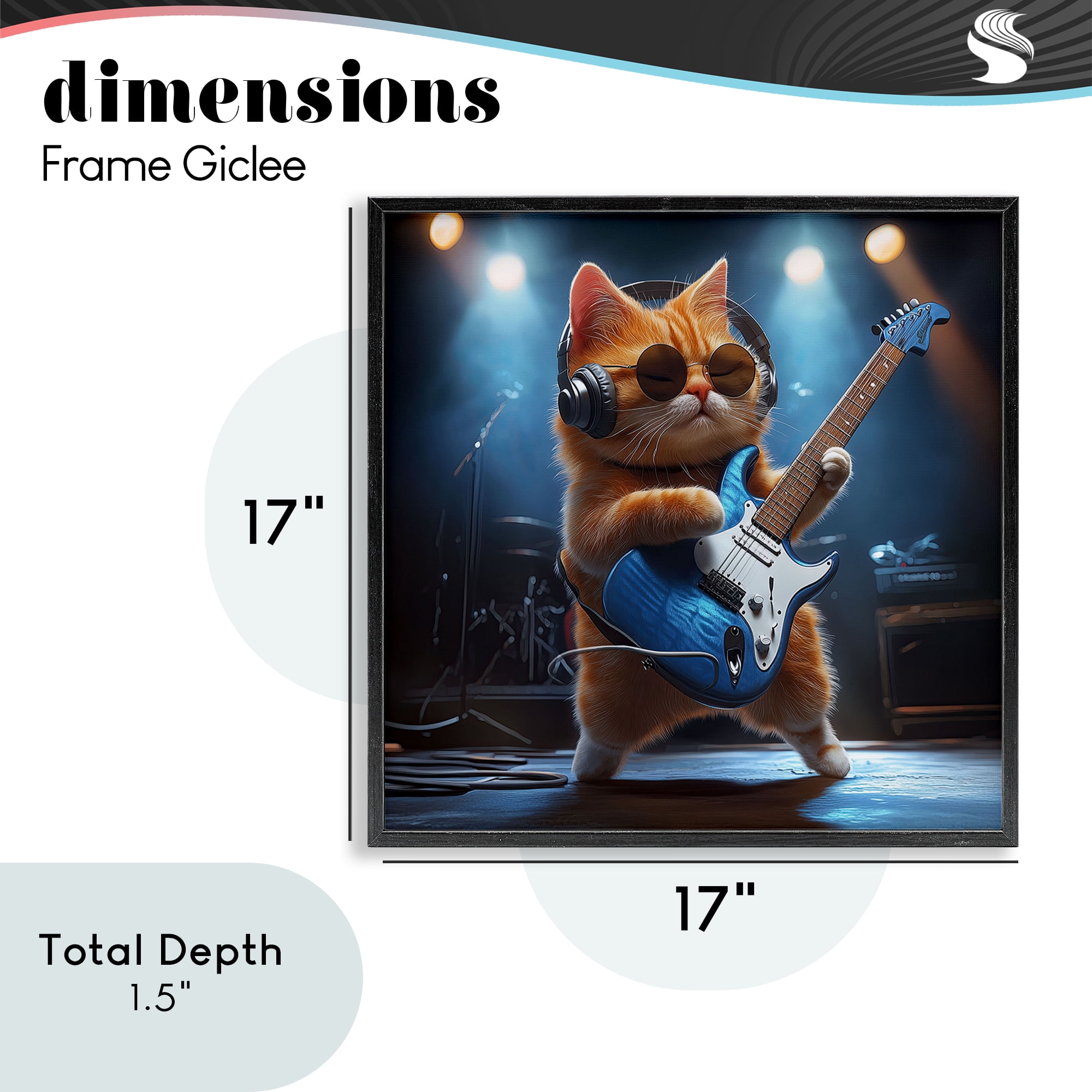 Cat Guitarist in Band Black Framed Giclee Art, design by Jim Baldwin