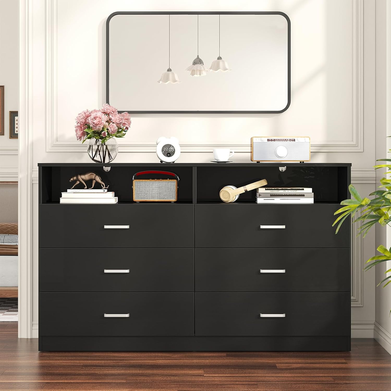 Frmobepts Wood Dresser for Bedroom, 6 Drawer Dresser with Open Storage Cubby,Black