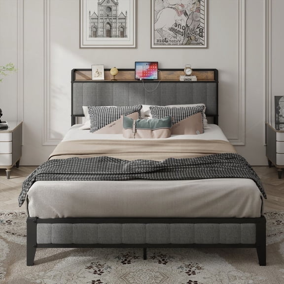 Queen Size Bed Frame with Vintage Shelf & Charging Headboard, Grey
