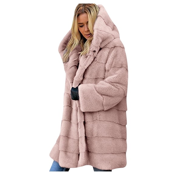 Women's Winter Parka Overcoat Faux Fur Coat Jacket with Hooed Fleece Plush Long Sleeve Open Front Coat Cardigan