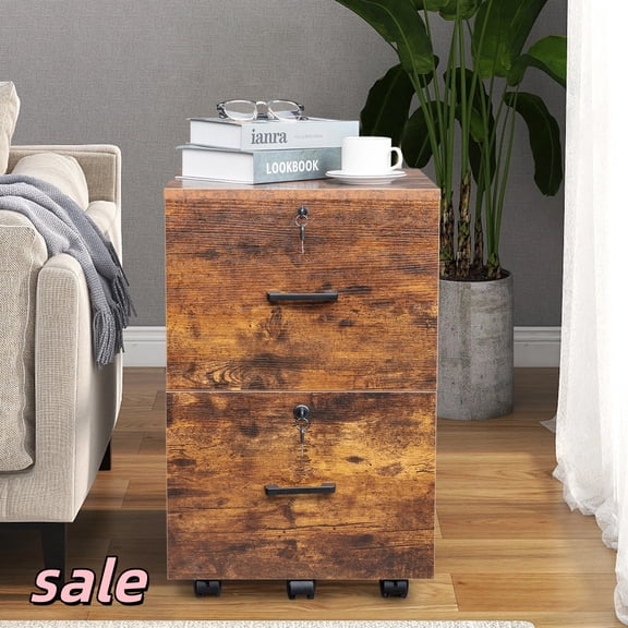 Hassch 2 Drawers File Cabinet with Wheels and Lock, Wooden Rolling Filing Cabinet for Letter Size, Home, Office, Printer Stand, Easy Assembly, 15.7" L x 15.7" W x 26" H, Brown