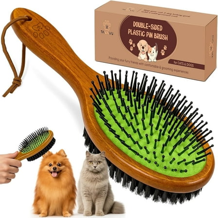 Takavu Double-Sided Pin & Boar Bristle Pet Brush with Wooden Handle for Dogs & Cats, Detangling, Deshedding & Coat Conditioning