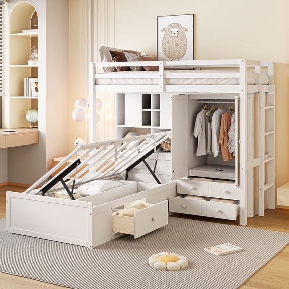 Harper & Bright Designs Twin Size Bunk Bed with Hydraulic Bed and Wardrobe, Wooden Bunkbed with 6 Drawers & Storage Shelves, Full-Length Guard Rail, White