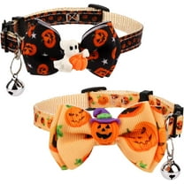 2pcs Halloween Cat Collar, Adjustable Cat Collar with Bow Printed Pumpkin Ghost Pattern Breakaway with Silver Bell Cute for Kitten Puppy