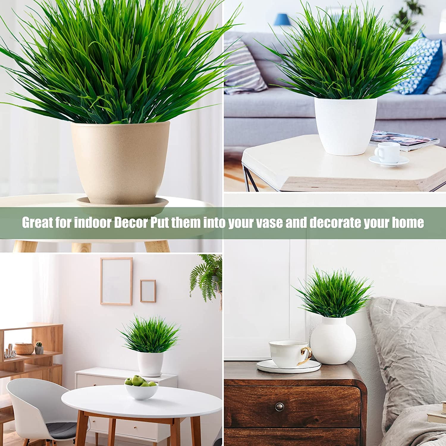 8 Bundles Artificial Outdoor Plants Plastic Wheat Grass Greenery Shrubs UV Resistant Fake Plastic Shrubs for Outside Home Garden Yard Decoration