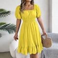 thumbnail image 6 of WRKEKC Summer Dresses for Women Solid Square Neck Puff Sleeve Elastic Smocked Waist Ruffle a Line Midi Flowy, 6 of 7
