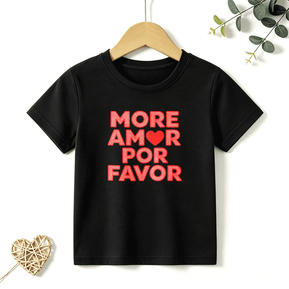 Girls Graphic Tees More Amor Por Favor Kids T Shirt Heart 100% Cotton Short Sleeve Soft Tops 4-13Y