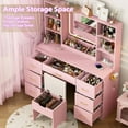 thumbnail image 2 of 47" Large Vanity Desk with LED Lighted Mirror & Power Outlet & 7 Drawers, Makeup Vanity Table Set with Storage Stool and Hair Dryer Rack, Pink, 2 of 14