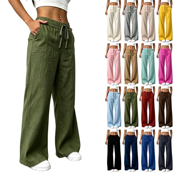 Tqcoqu High Waisted Wide Leg Linen Pants for Women, Dstring Casual Breathable Lightweight Lounge Pants, Loose Comfy Cotton Linen Summer Beach Vacation Trousers with Pockets