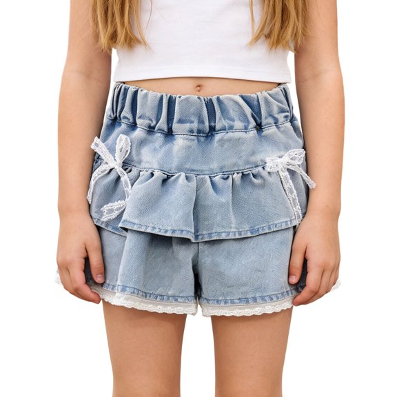BLTIBY Jorts for Girls High Waisted Lace Hem Shorts Solid Color Elastic Waist Cute Casual Cake Jeans Shorts Summer Denim Shorts Blue 5-6 Years
