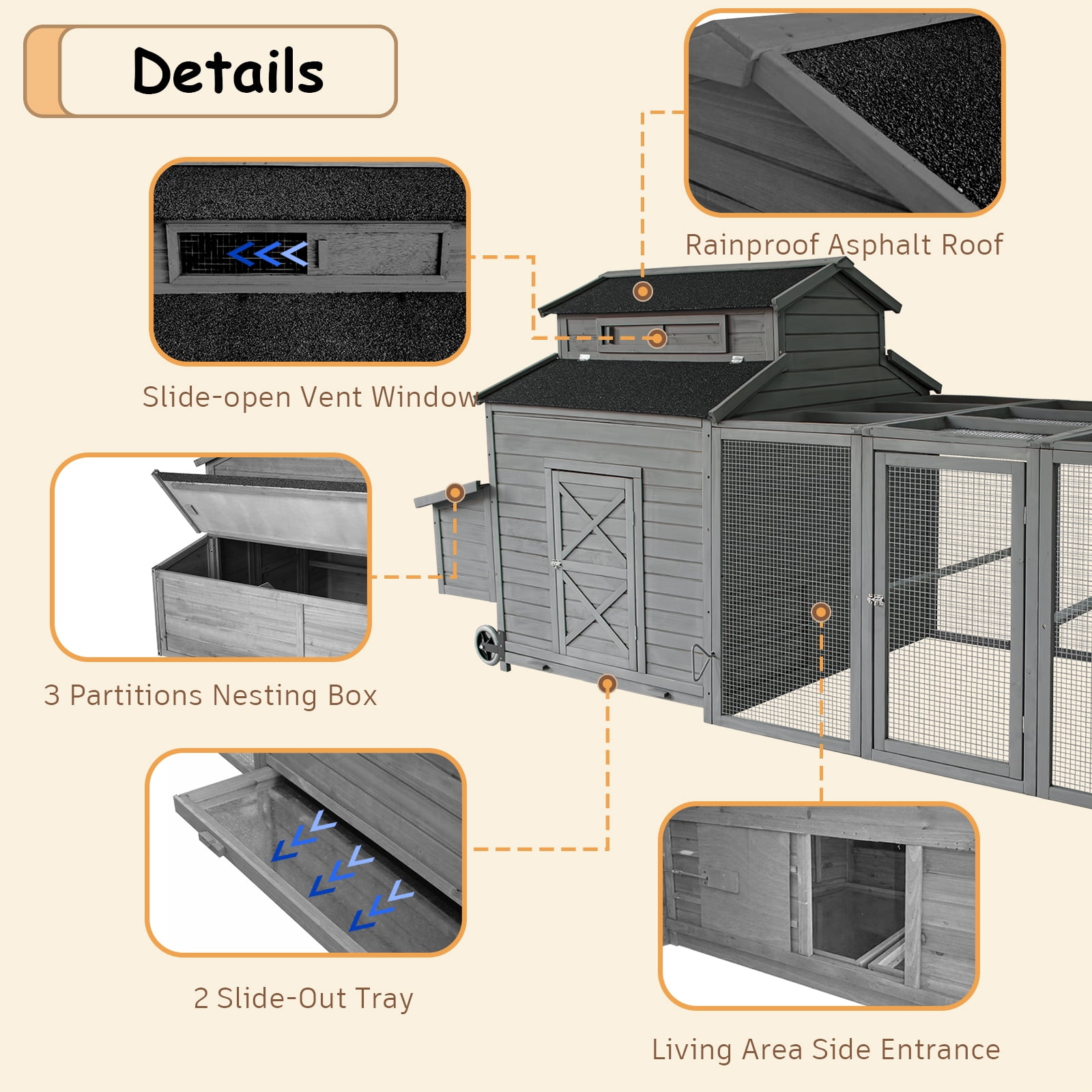 Chicken Coop for 6-10 Chickens, 112" Extal Large Chicken Coops, with Chicken Run & Nesting Box & Secure Enclosure, Outdoor Wooden Hen House Hutch for Rabbit, Poultry Pet, Duck