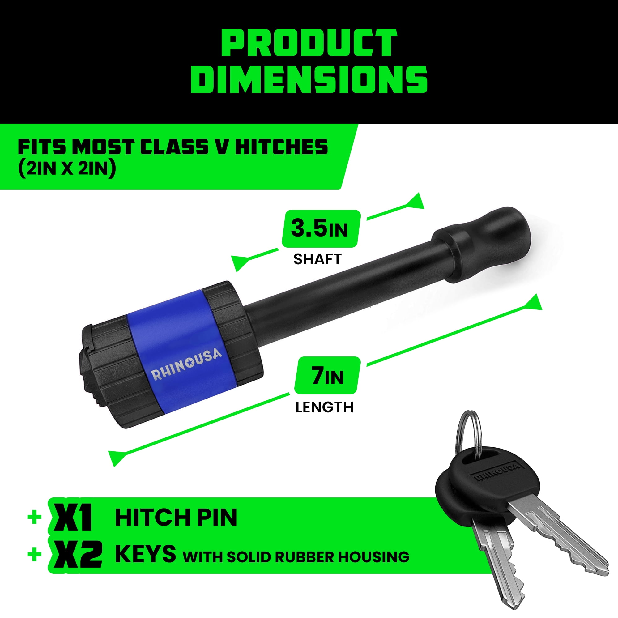 Rhino USA Trailer Hitch Pin (2 in) 5/8" Locking Receiver Hitch Pins for Class III IV Hitches - Blue