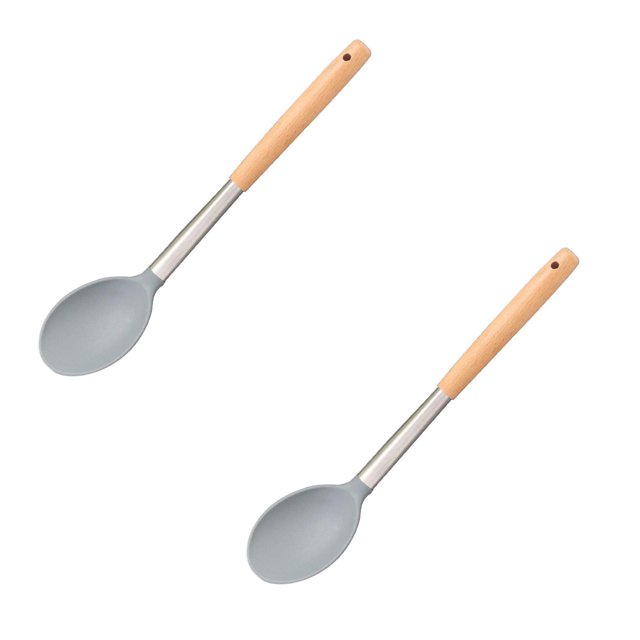 Oleegame 2PC Kitchen Utensils Set Kitchen Utensils Heat Silicone Cooking Utensils Non Stick Silicone Spatula With Hole Kitchen Tongs Serving Spoons For Kitchen Gray