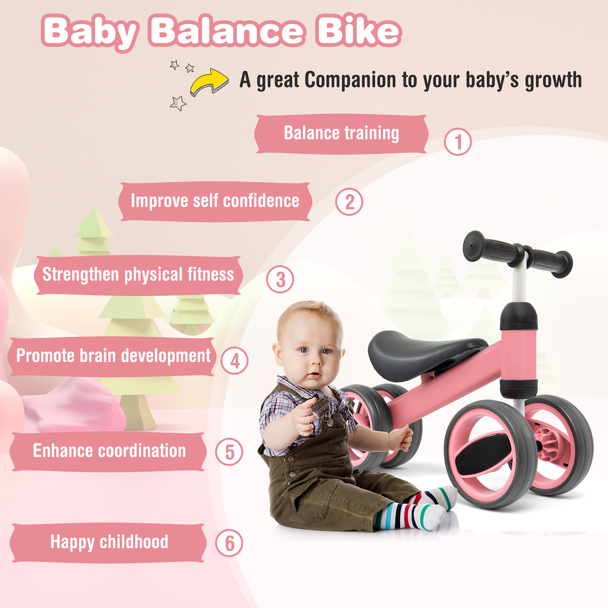 Costway Baby Balance Bike Toddler Riding Toys  w/ 4 Wheels Pink - image 4 of 10