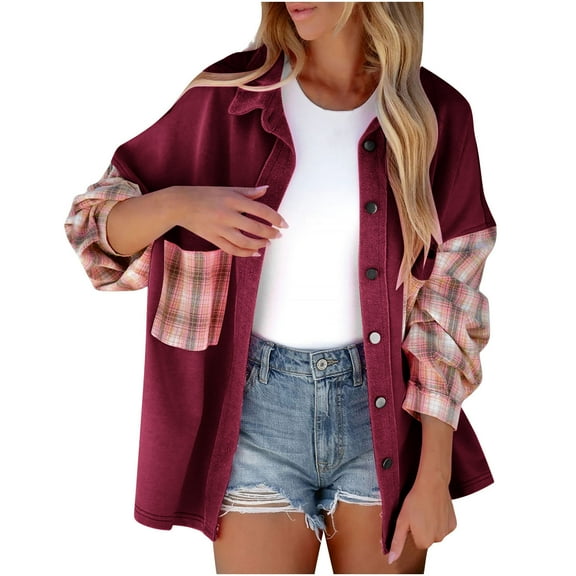 Usmixi Weekly Deals 2023 Shacket Coat for Women Womens Shirts Jacket Classic Plaid Patchwork Button Down Lapel Coats Fall Long Sleeve Loose Comfy Flannel Outwear with Pocket Winter Shacket Coat