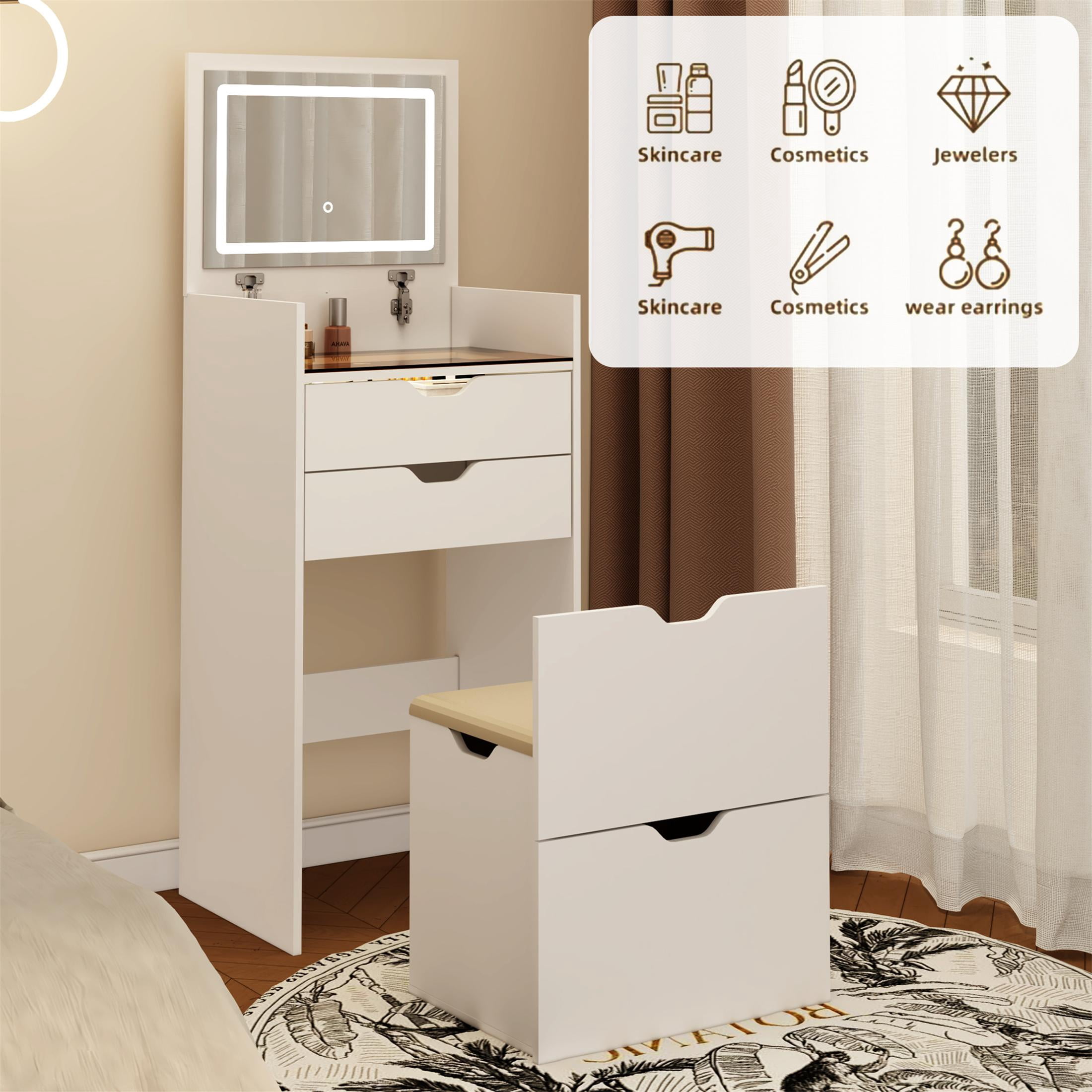UHOMEPRO White Vanity Set with Mirror and a Hidden Storage Stool, 3-in-1 Multifunctional Dressing Table Set with with 3 Color Lighting Brightness Adjustable, Pretty Vanity Set for Girls, Women's Gift