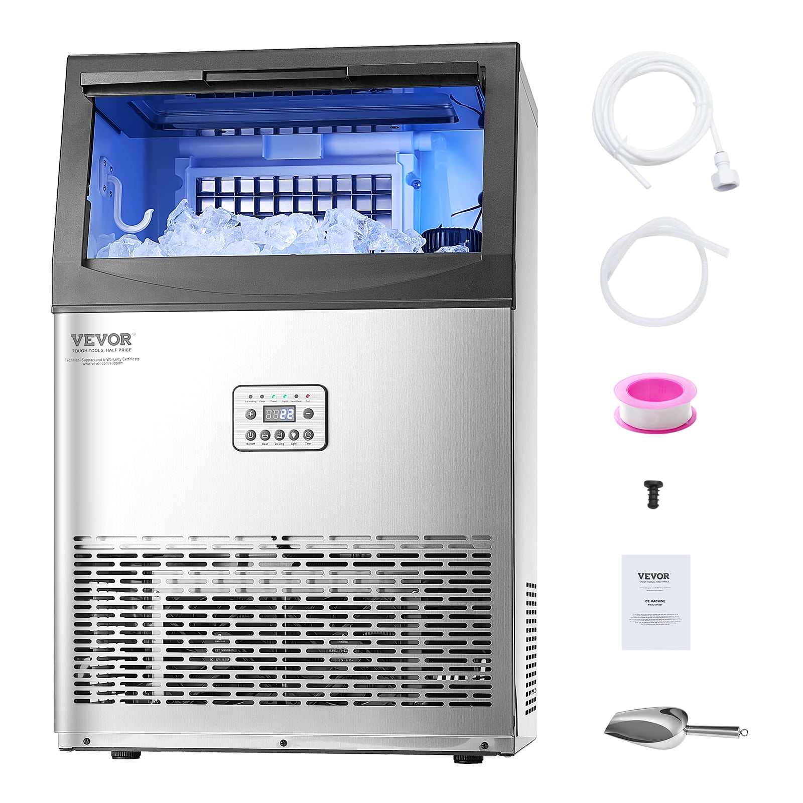 VEVOR Commercial Ice Maker Machine, 90lbs/24H Ice Maker Machine with 33lbs Storage Capacity, 50 Ice Cubes in 15 Minutes, LED Digital Display Freestanding Self-Cleaning