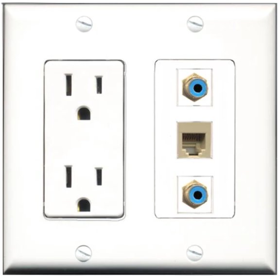 RiteAV - 15 Amp Power Outlet 2 Port RCA Blue 1 Port Phone Beige Decorative Wall Plate