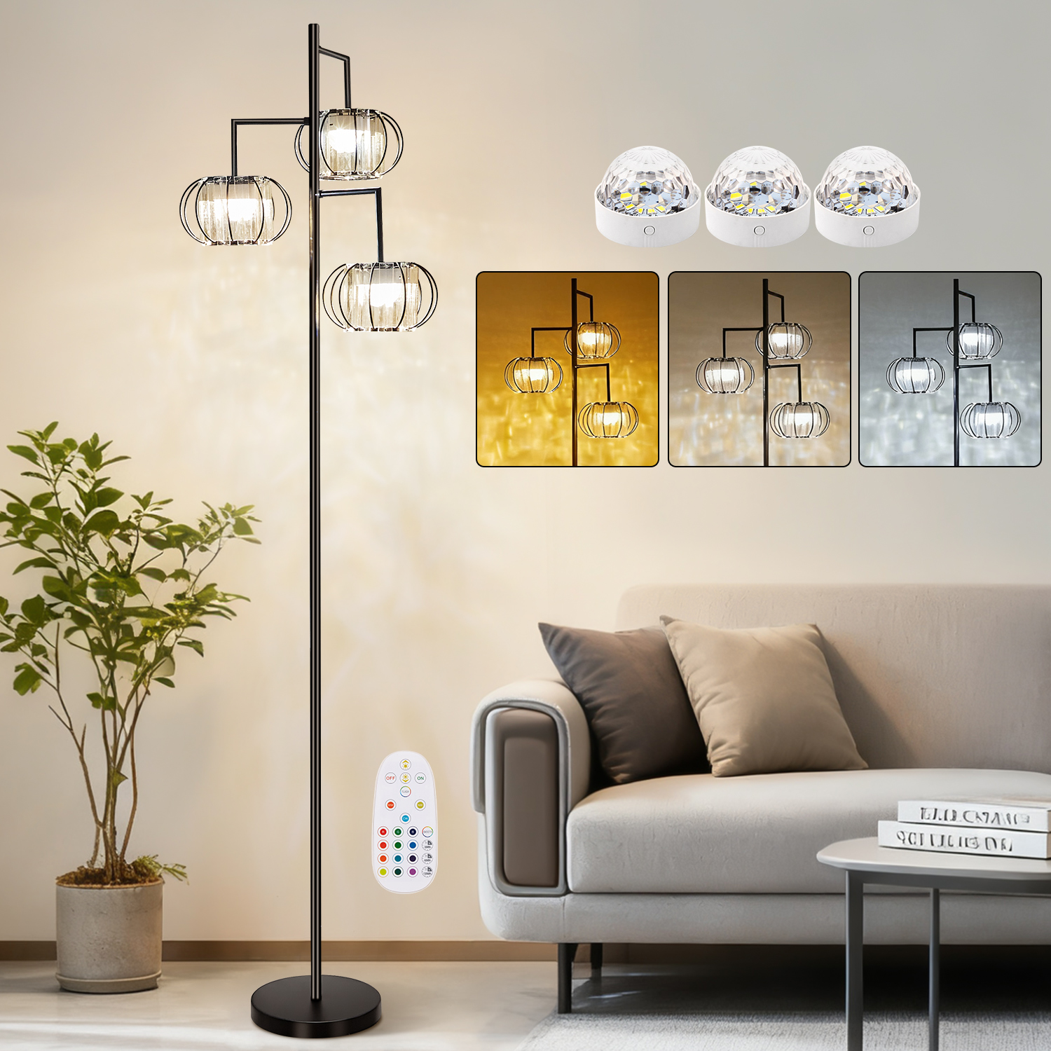 Crystal Floor Lamp with Wireless Rechargeable RGB Bulb, 15 Color Modes, Remote-Controlled Standing Light for Bedroom and Living Room