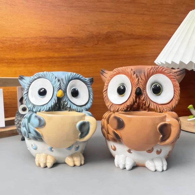 Com1950s Resin Owl Planter Home Decoration, Cute Owl Holding Cup Flower Pot, Desk Decor for Indoor Plants, Mini Planter for Windowsill Bookshelf