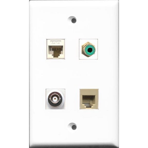 RiteAV 1 Port RCA Green and 1 Port Phone RJ11 RJ12 Beige and 1 Port BNC and 1 Port Cat6 Ethernet White Wall Plate
