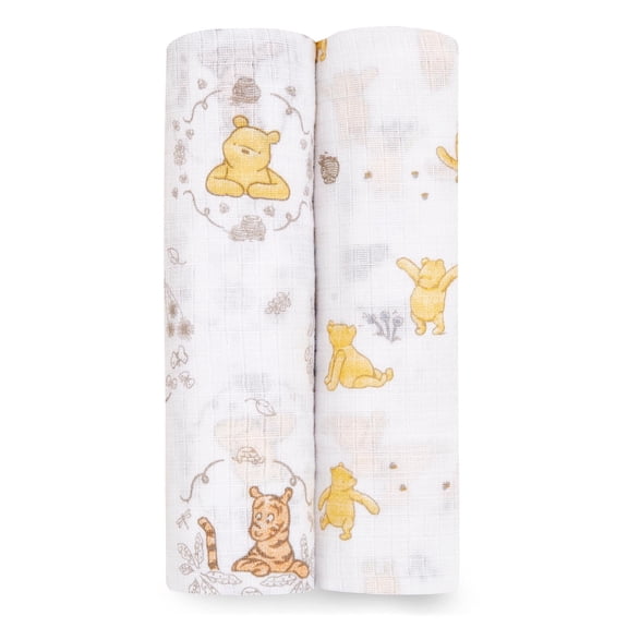 aden + anais Essentials x Disney Muslin Swaddle Blankets, Newborn Receiving Blanket for Swaddling, 100% Cotton Baby Swaddle Wrap, 2 Pack, Winnie the Pooh, Unisex