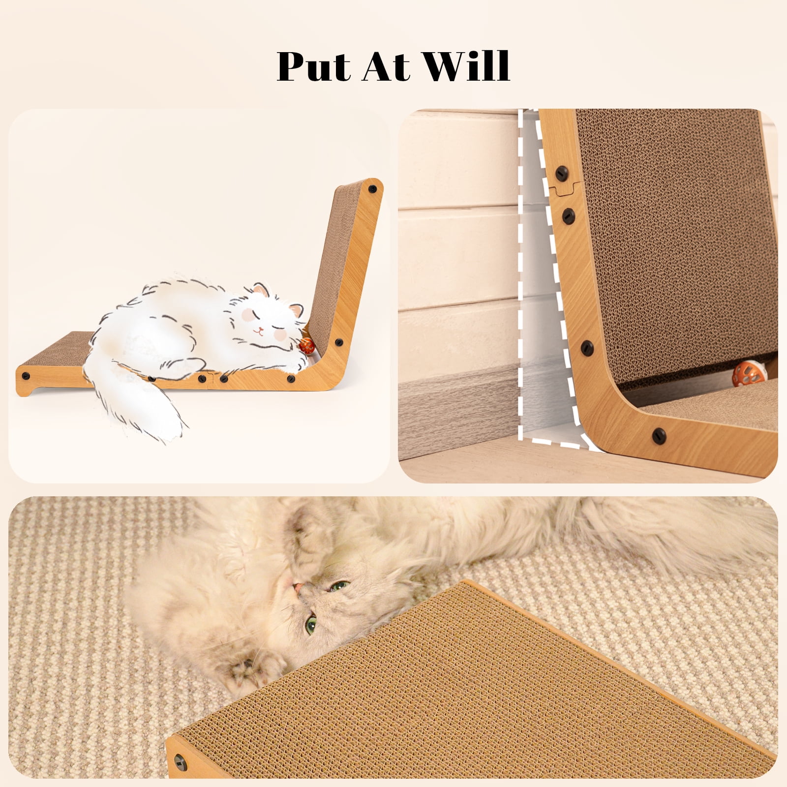 CheerPals Cat Scratcher, 12.6"x20.3"x23.6" L-Shaped Scratching Board，120° Scratch Post with Bell Teaser-wand for Indoor
