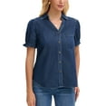 thumbnail image 4 of INSPIRE CHIC Women's Denim Top Summer V Neck Short Sleeve Button Front Jean Shirt Blouse S Dark Blue, 4 of 6