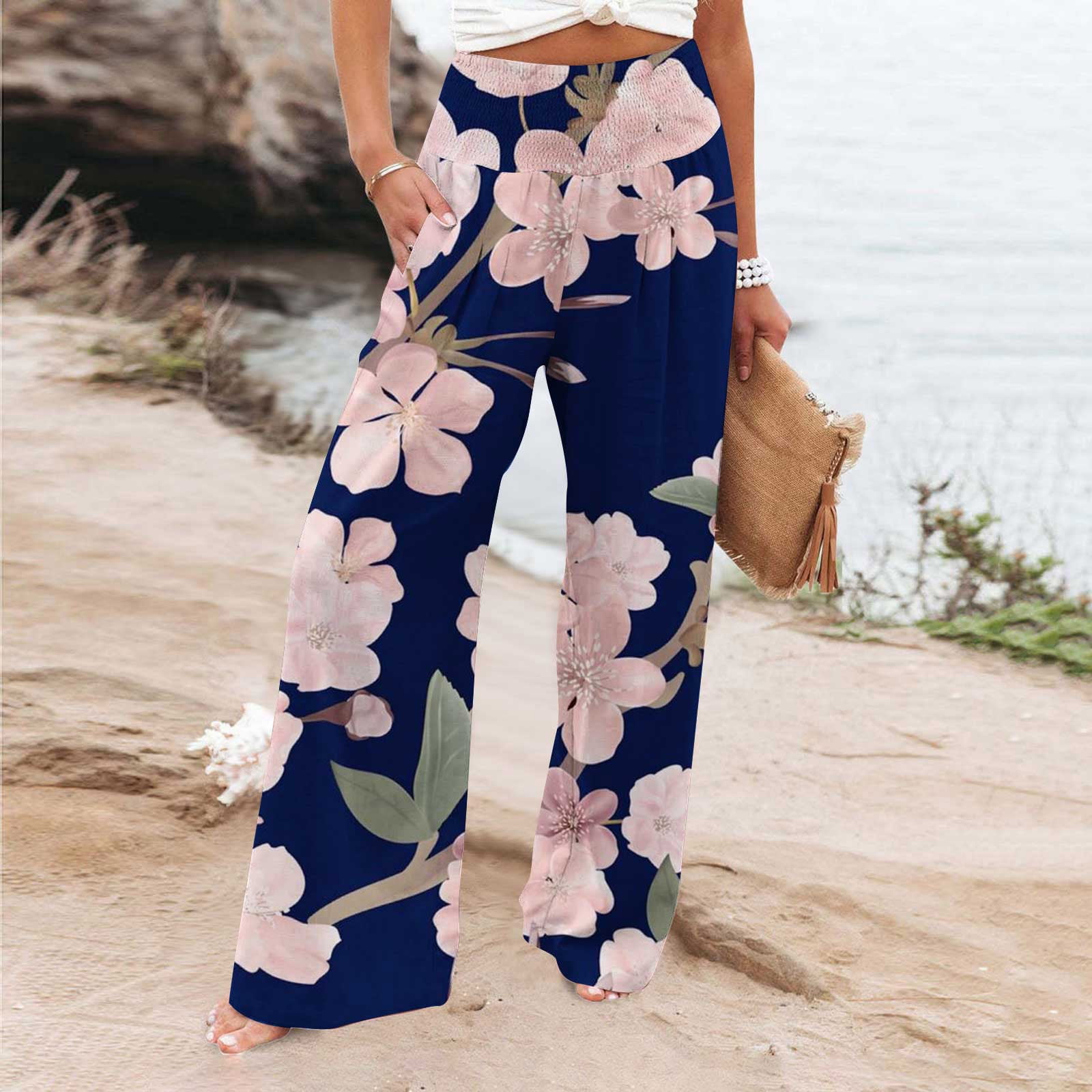 Palazzo Pants for Women Elastic High Waist Boho Beach Wide Leg